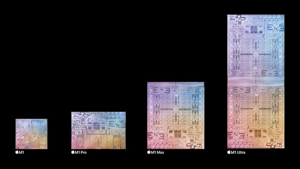Physical size comparisons of the M1 range of chips. Source: Apple Insider on the Qualcomm chips.