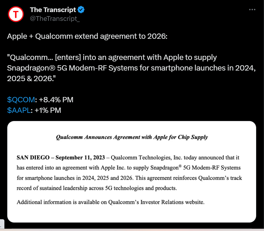 Qualcomm's announcement on its relationship with Apple. Source: X