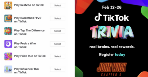 Left: List of TikTok Minigames. Right: TikTok Trivia screenshot. both examples of TikTok's entry into the gaming world.