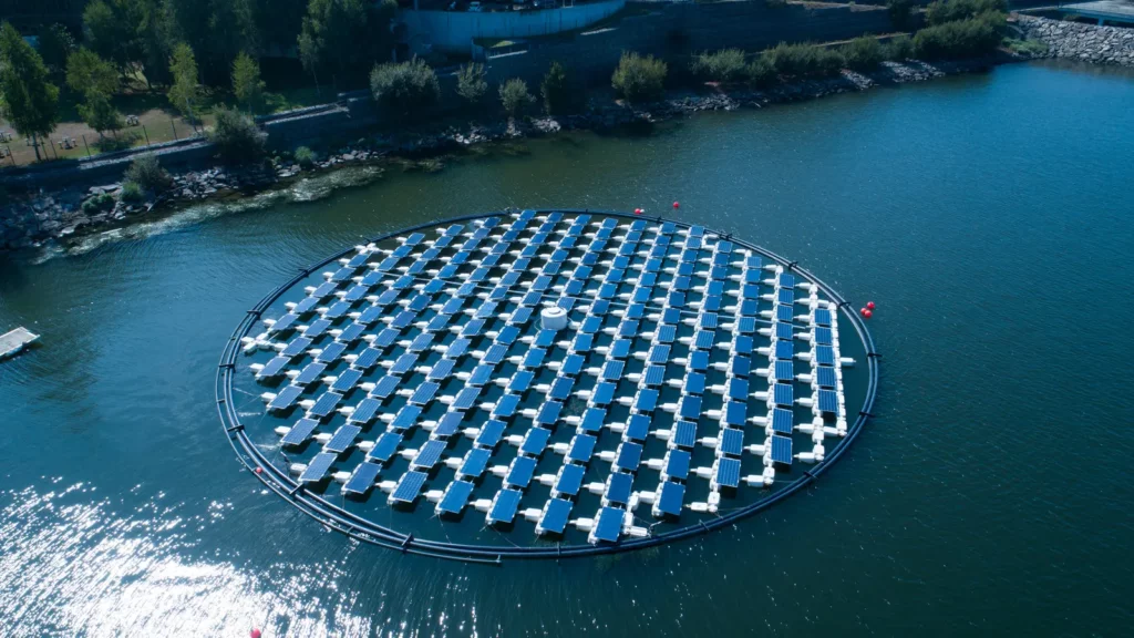 Floating solar panels track the sun's movement across the sky.