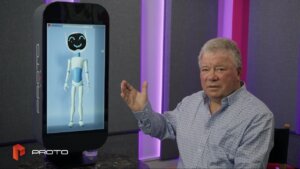 William Shatner talks to ProtoBot, the first of a generation of AI holograms.