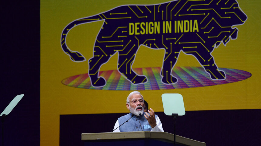 Does India have what it takes to be a semiconductor superpower? Photo: Indian Prime Minister Narendra Modi speaks during SemiconIndia 2023, at Mahatma Mandir in Gandhinagar on July 28, 2023. (Photo by SAM PANTHAKY / AFP)