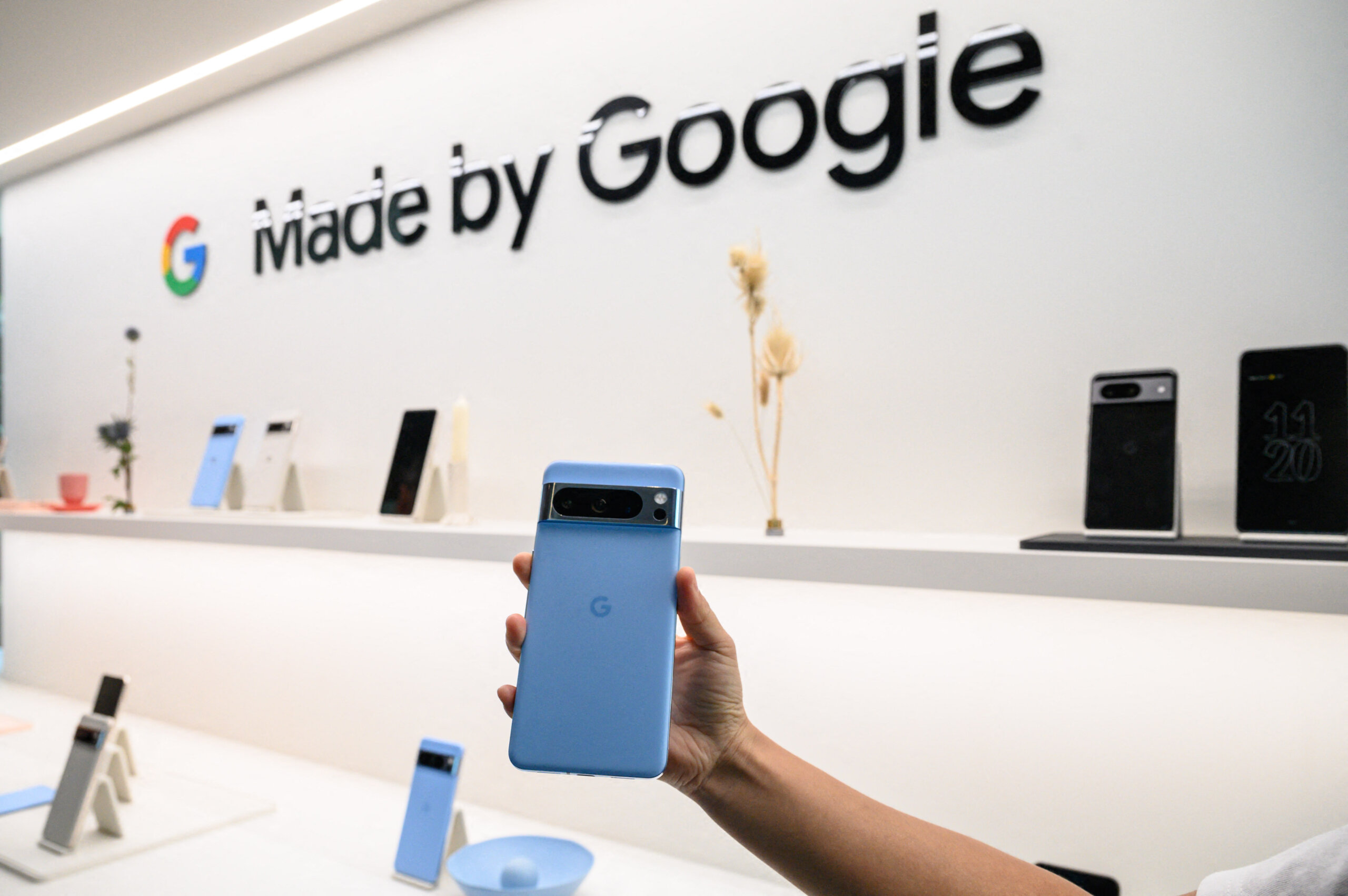 A Google Pixel 8 pro phone is displayed during a product launch event for the Google Pixel 8, and Pixel 8 pro phones, Pixel Watch 2, and Pixel Buds Pro earbuds, in New York on October 4, 2023. (Photo by Ed JONES / AFP). The Tensor G3 is at the heart of the Pixel experience.