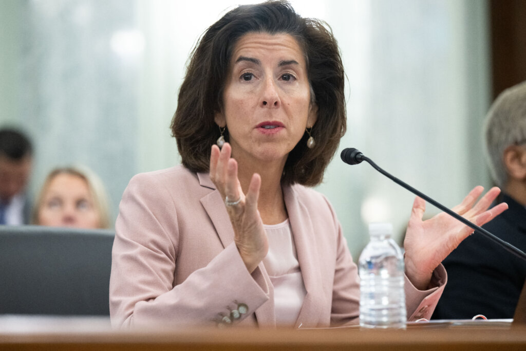 US Commerce Secretary Gina Raimondo testifies during the Senate Commerce, Science, and Transportation hearing to examine CHIPS and science implementation and oversight, on Capitol Hill in Washington, DC, on October 4, 2023. (Photo by SAUL LOEB / AFP)
