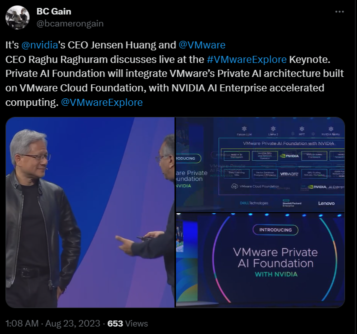 Nvidia's keynote at VMware Explore Las Vegas discussed private AI. Source: X