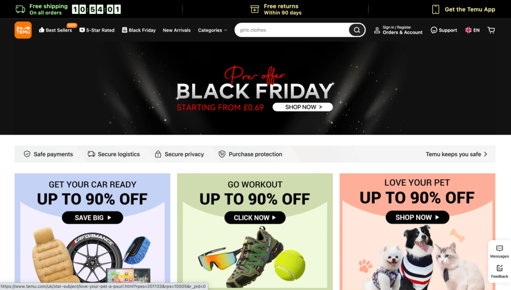 The Temu website uses almost constant promotions to entice shoppers.