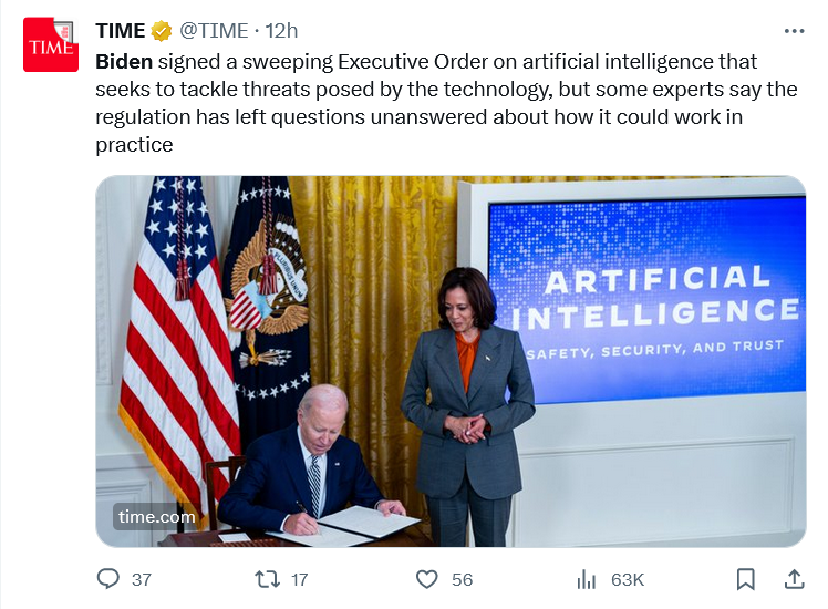 The Biden executive order comes into being, proposing sweeping additions to regulations on AI.