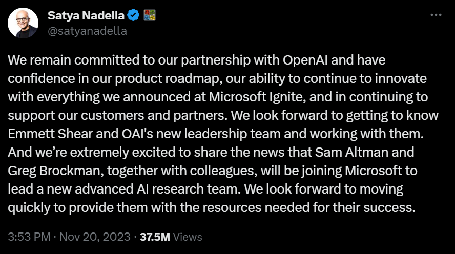 OpenAI CEO Sam Altman could be the first of many defections straight to Microsoft. Source: X.com