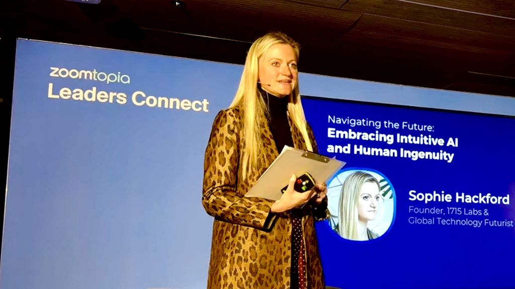 Sophie Hackford, a futurist, on-stage at Zoomtopia Leaders Connect: London. 