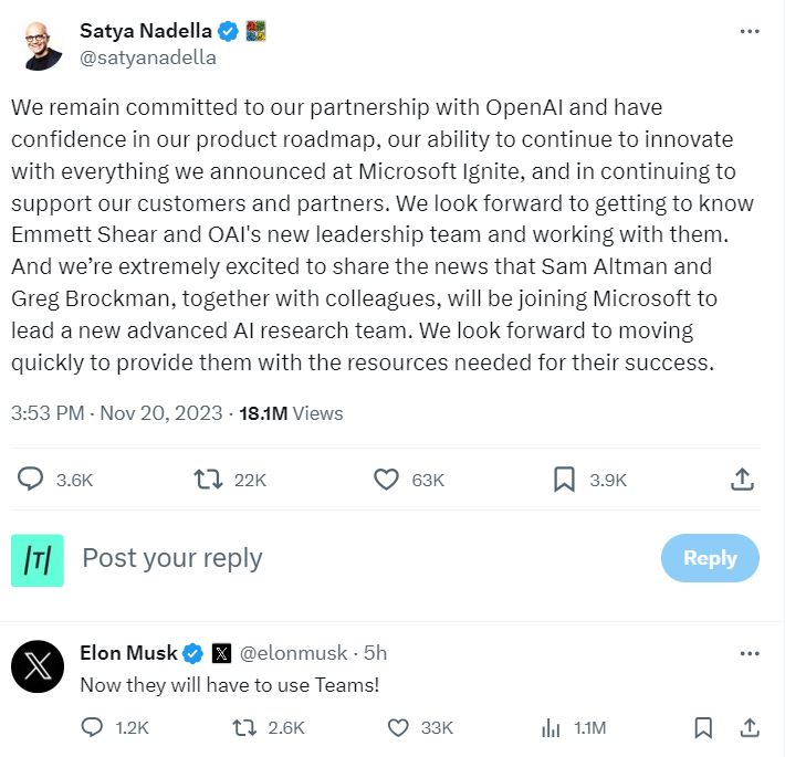 Nadella's tweet confirming Altman has joined Microsoft. 