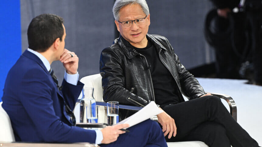 (L-R) Andrew Ross Sorkin and Nvidia CEO Jensen Huang speak onstage during The New York Times Dealbook Summit 2023 at Jazz at Lincoln Center on November 29, 2023 in New York City. Slaven Vlasic/Getty Images for The New York Times/AFPJensen Huang (Photo by Slaven Vlasic / GETTY IMAGES NORTH AMERICA / Getty Images via AFP)