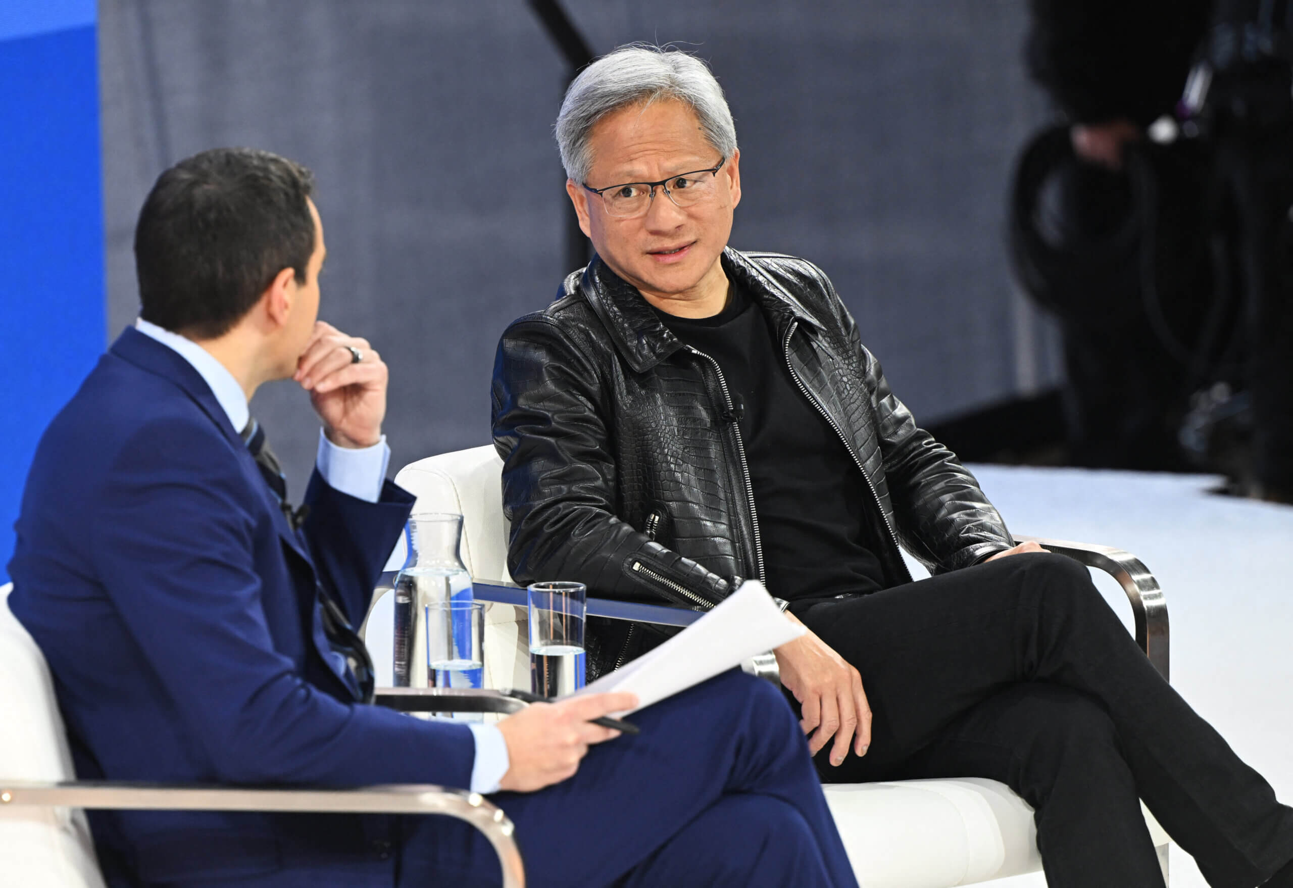 (L-R) Andrew Ross Sorkin and Nvidia CEO Jensen Huang speak onstage during The New York Times Dealbook Summit 2023 at Jazz at Lincoln Center on November 29, 2023 in New York City. Slaven Vlasic/Getty Images for The New York Times/AFPJensen Huang (Photo by Slaven Vlasic / GETTY IMAGES NORTH AMERICA / Getty Images via AFP)