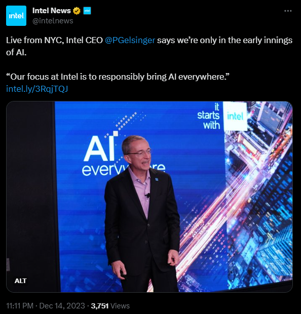 Gelsinger believes Intel's future is in generative AI chips and applications. Source: Pat Gelsinger on X.