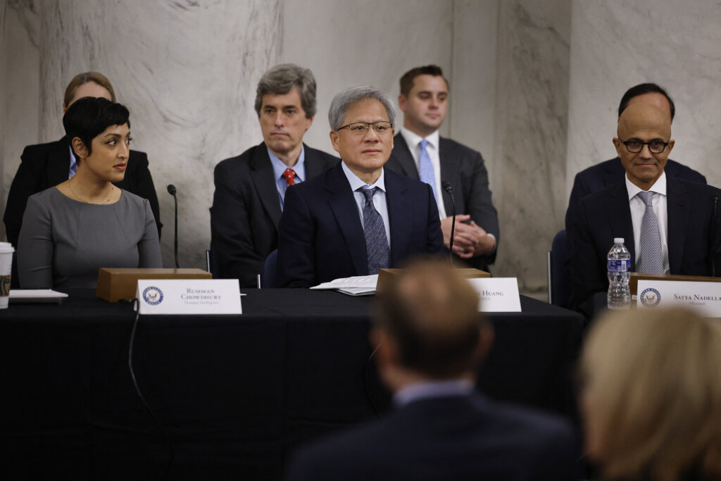 (L-R) Humane Intelligence CEO Rumman Chowdhury, Nvidia CEO Jensen Huang and Microsoft CEO Satya Nadella attend the "AI Insight Forum" in the Kennedy Caucus Room in the Russell Senate Office Building on Capitol Hill on September 13, 2023 in Washington, DC. Lawmakers are seeking input from business leaders in the artificial intelligence sector, and some of their most ardent opponents, for writing legislation governing the rapidly evolving technology. (Photo by CHIP SOMODEVILLA/GETTY IMAGES NORTH AMERICA/Getty Images via AFP).