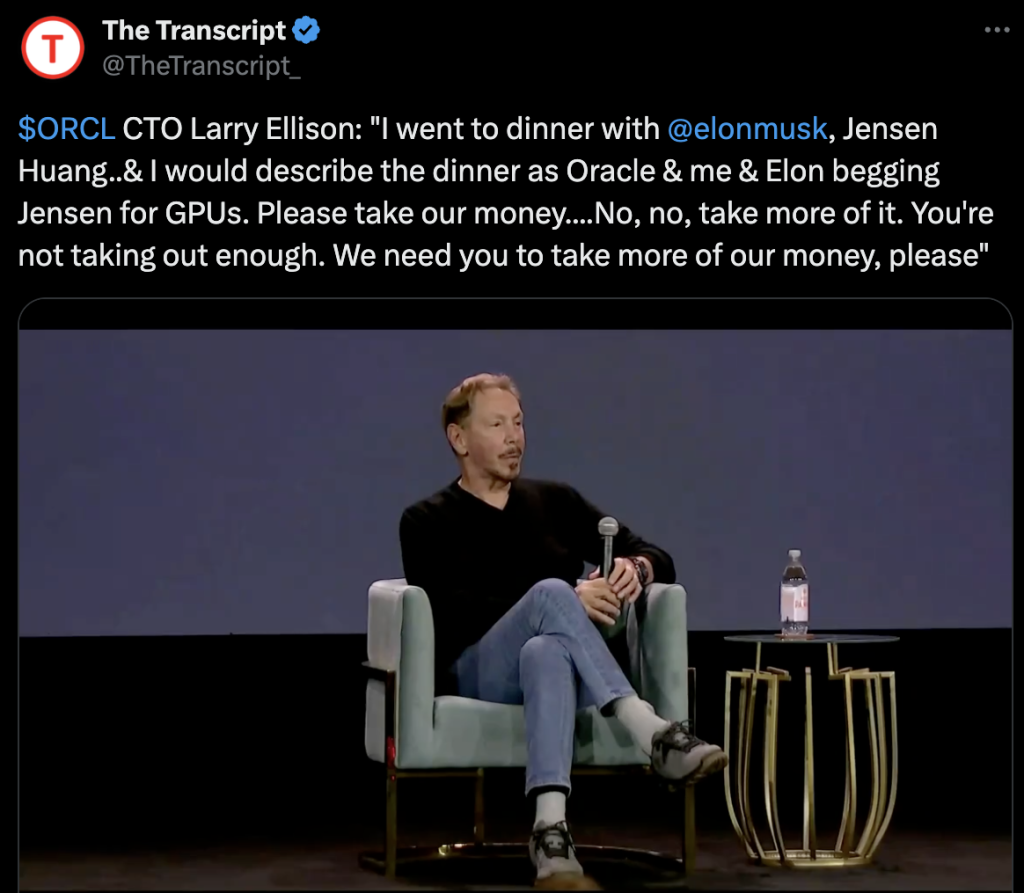 Larry Ellison, Oracle's co-founder in discussion with Nvidia's CEO, Jensen Huang, and xAI's CEO, Elon Musk. (Source - X)