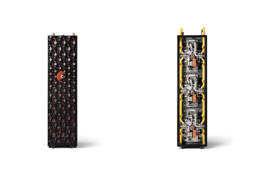 Cerebras CS-4 AI inference system shown from the front and rear, with three wafer-scale modules visible